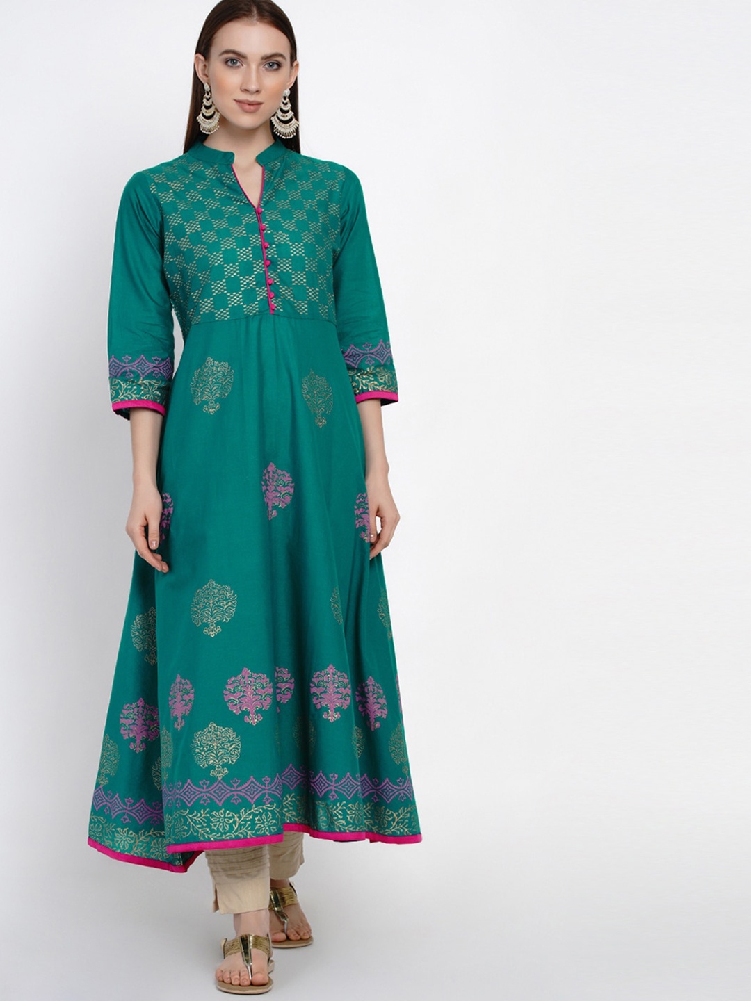 

RIYA Women Green Paisley Yoke Design Block Print Anarkali Kurta