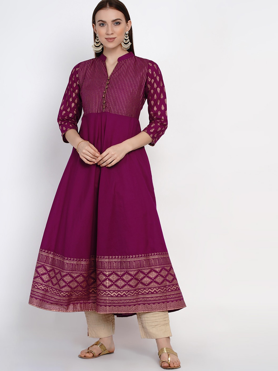 

RIYA Women Purple Thread Work Block Print Anarkali Kurta
