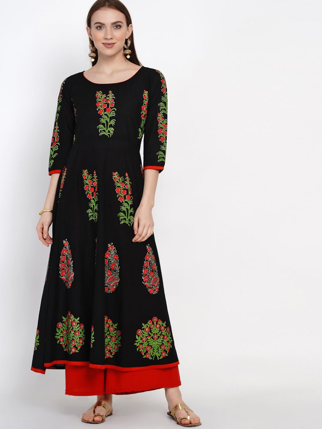 

RIYA Women Black Floral Printed Block Print Anarkali Kurta