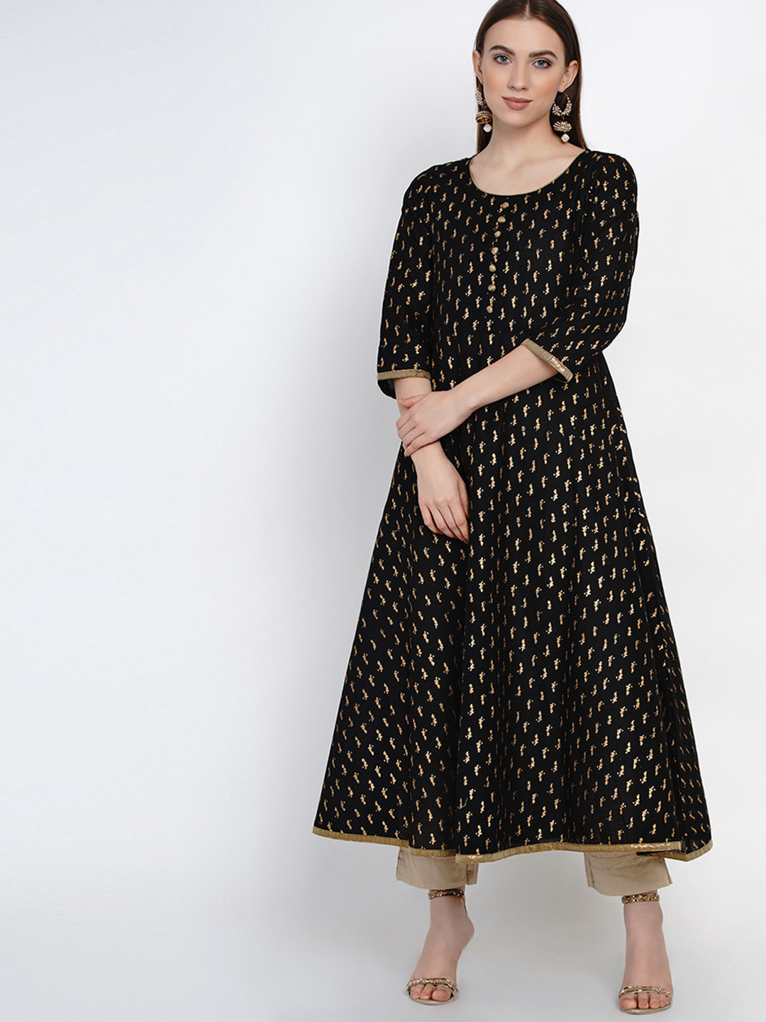 

RIYA Women Black Printed Mirror Work Block Print Anarkali Kurta