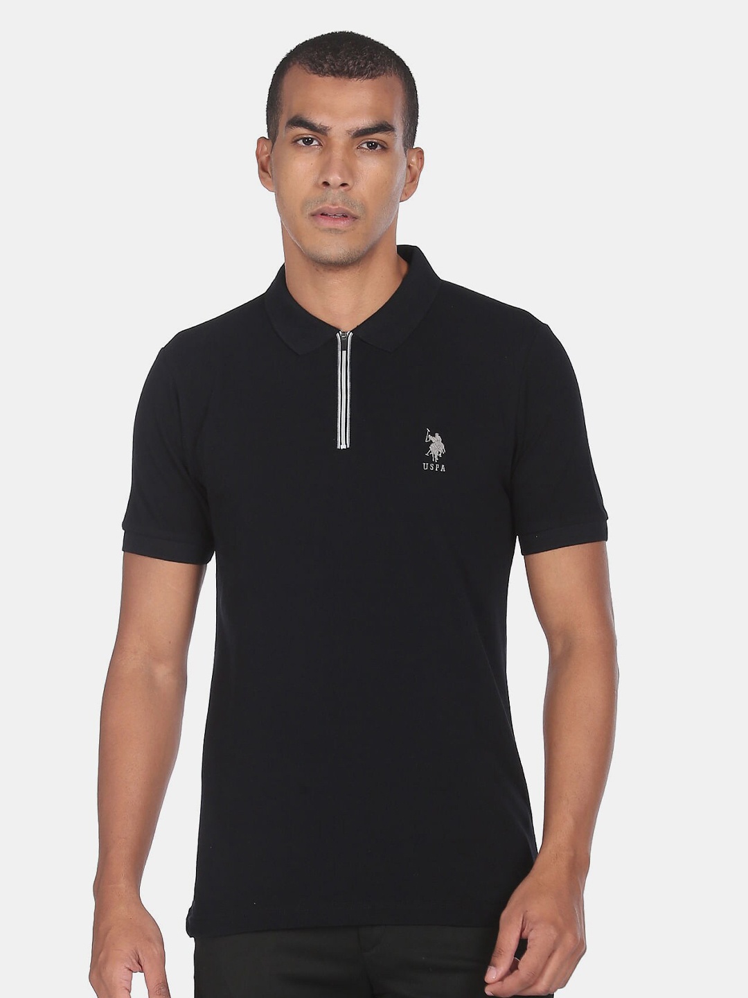 

U S Polo Assn Men Black Polo Collar Pure Cotton T-shirt