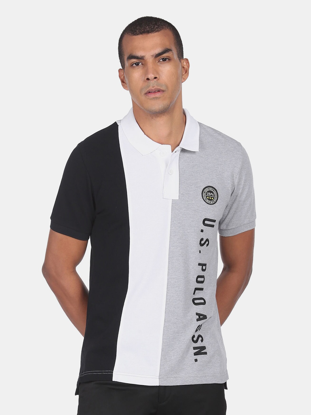 

U S Polo Assn Men Grey and White Typography Printed Polo Collar T-shirt, Multi