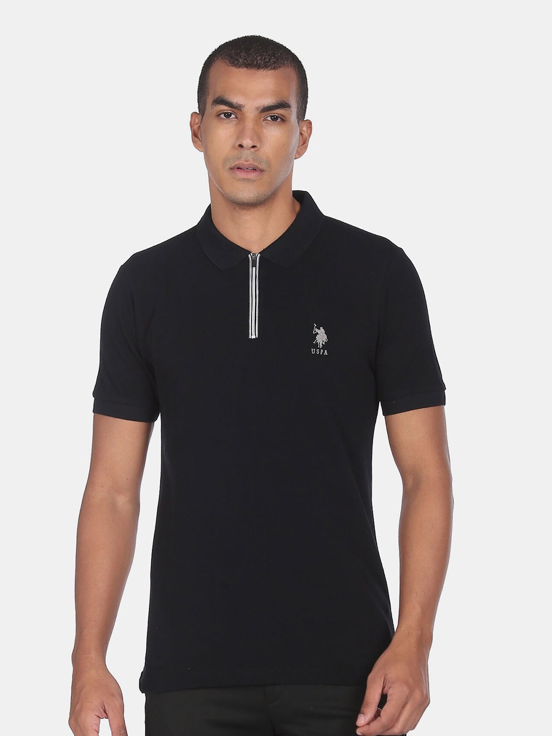 

U S Polo Assn Men Black Half Zipper Pure Cotton Polo Collar T-shirt