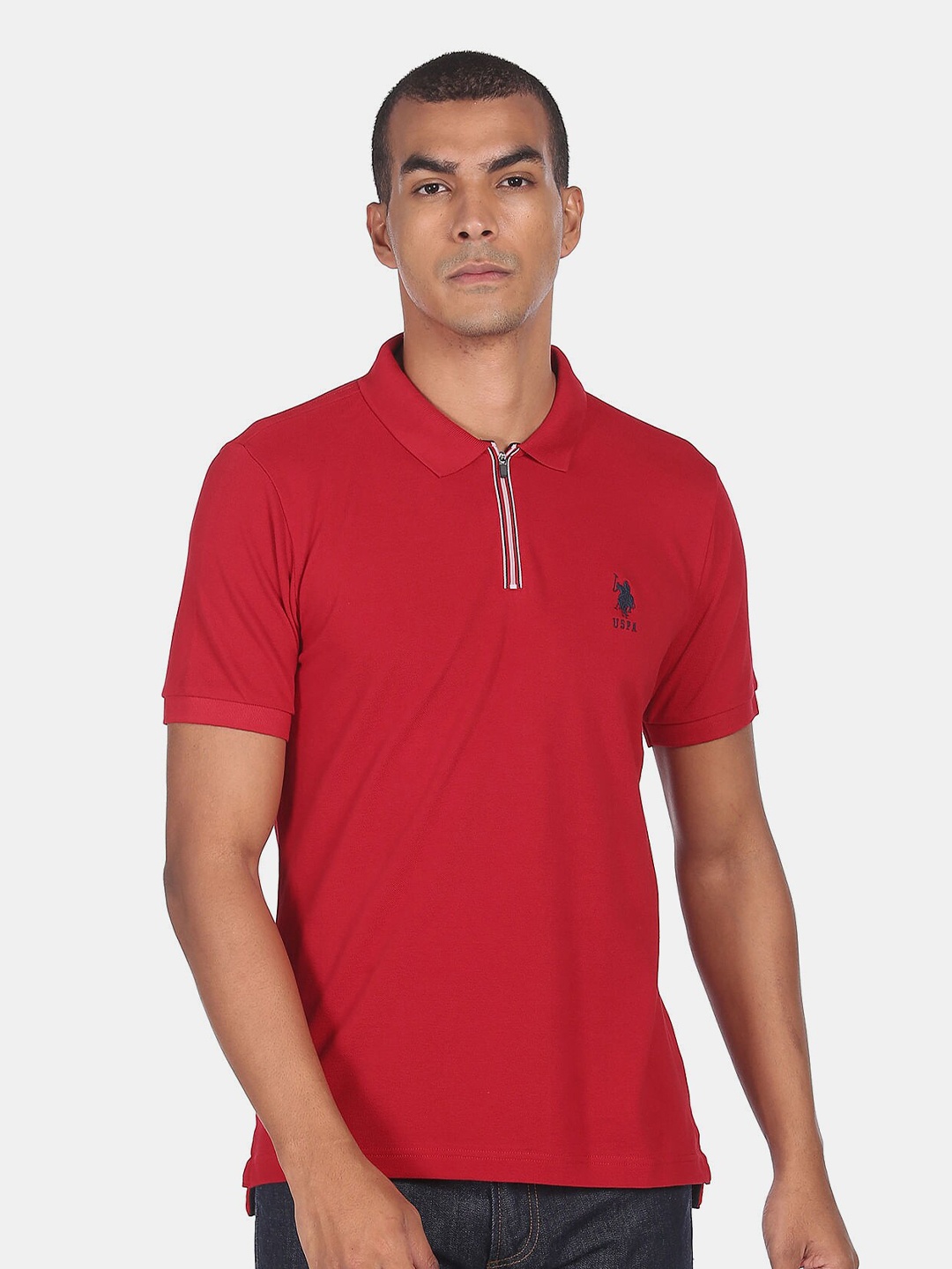 

U S Polo Assn Men Red Half Zipper Pure Cotton Polo Collar T-shirt