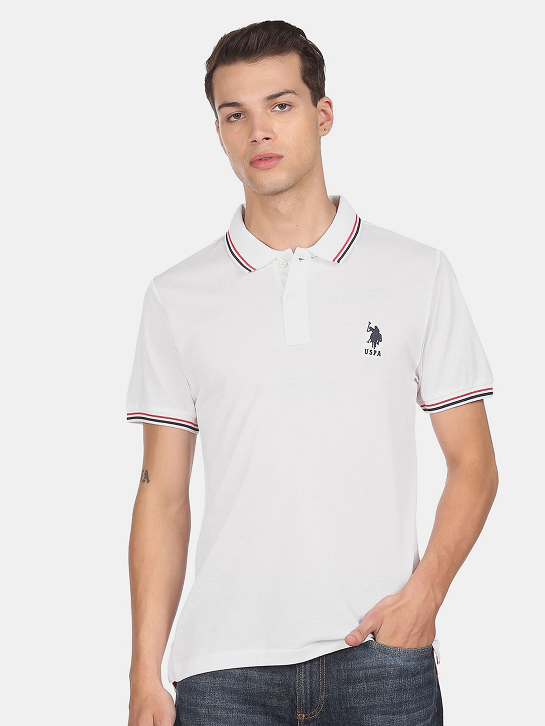 

U S Polo Assn Men White Polo Collar T-shirt