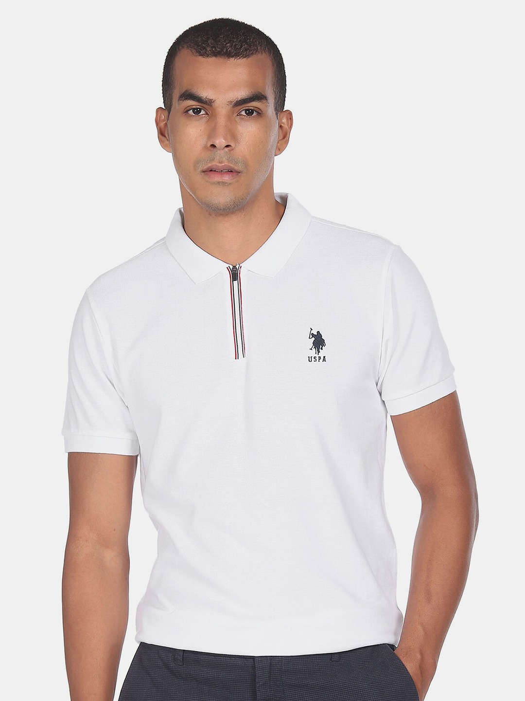 

U S Polo Assn Men White Mandarin Collar Cotton T-shirt