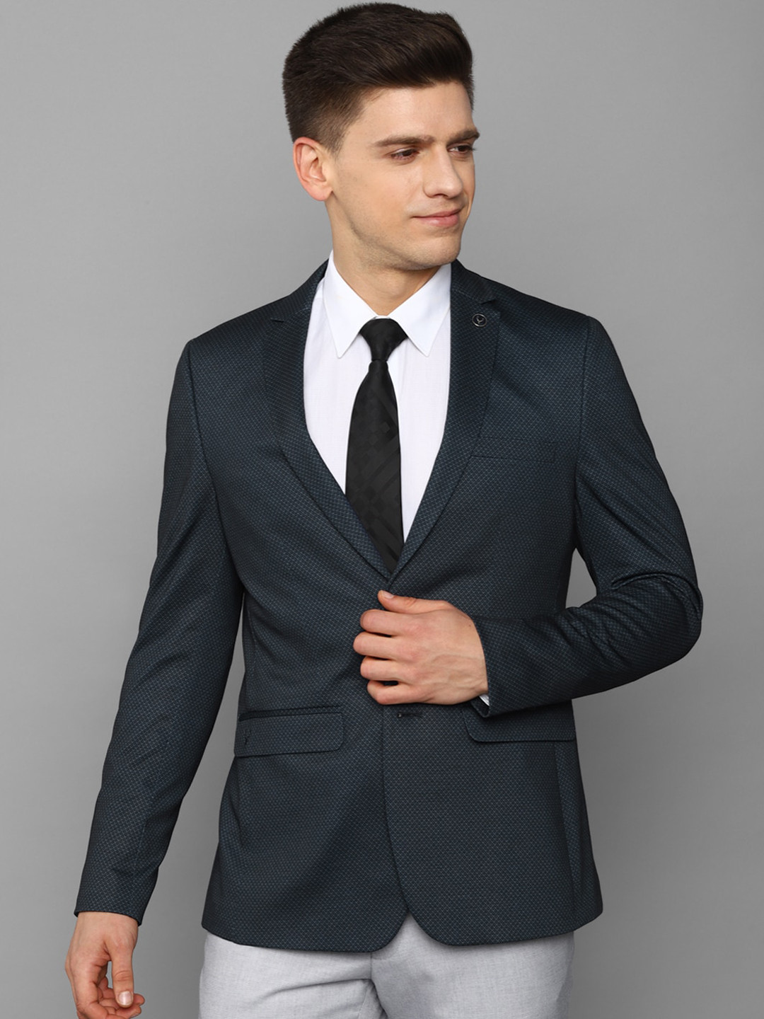 

Allen Solly Men Navy Blue Self Design Slim-Fit Single Breasted Formal Blazers