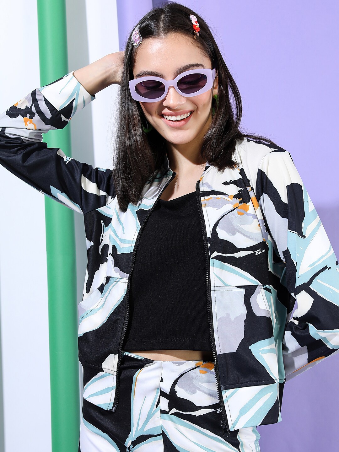 

Tokyo Talkies Women Blue & Black Bomber Jacket