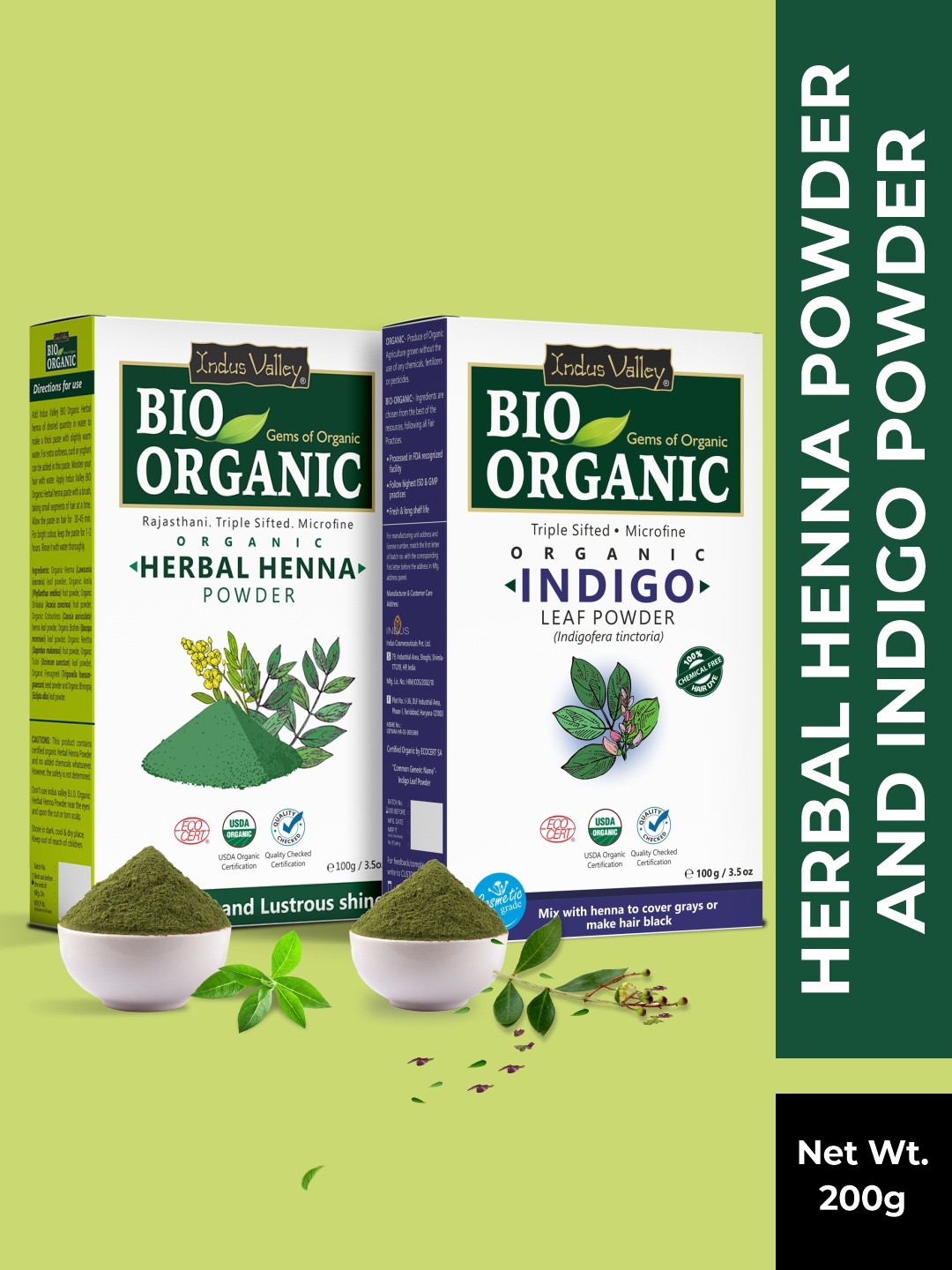 

Indus Valley Set of Bio Organic Pure Indigo & Herbal Henna Powder - 100 g Each, Green