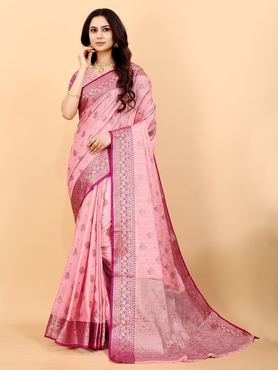 

Lookslady Pink & Magenta Floral Zari Art Silk Kanjeevaram Saree