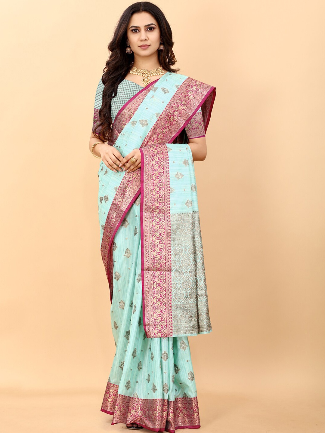 

Lookslady Turquoise Blue & Pink Ethnic Motifs Zari Art Silk Kanjeevaram Saree