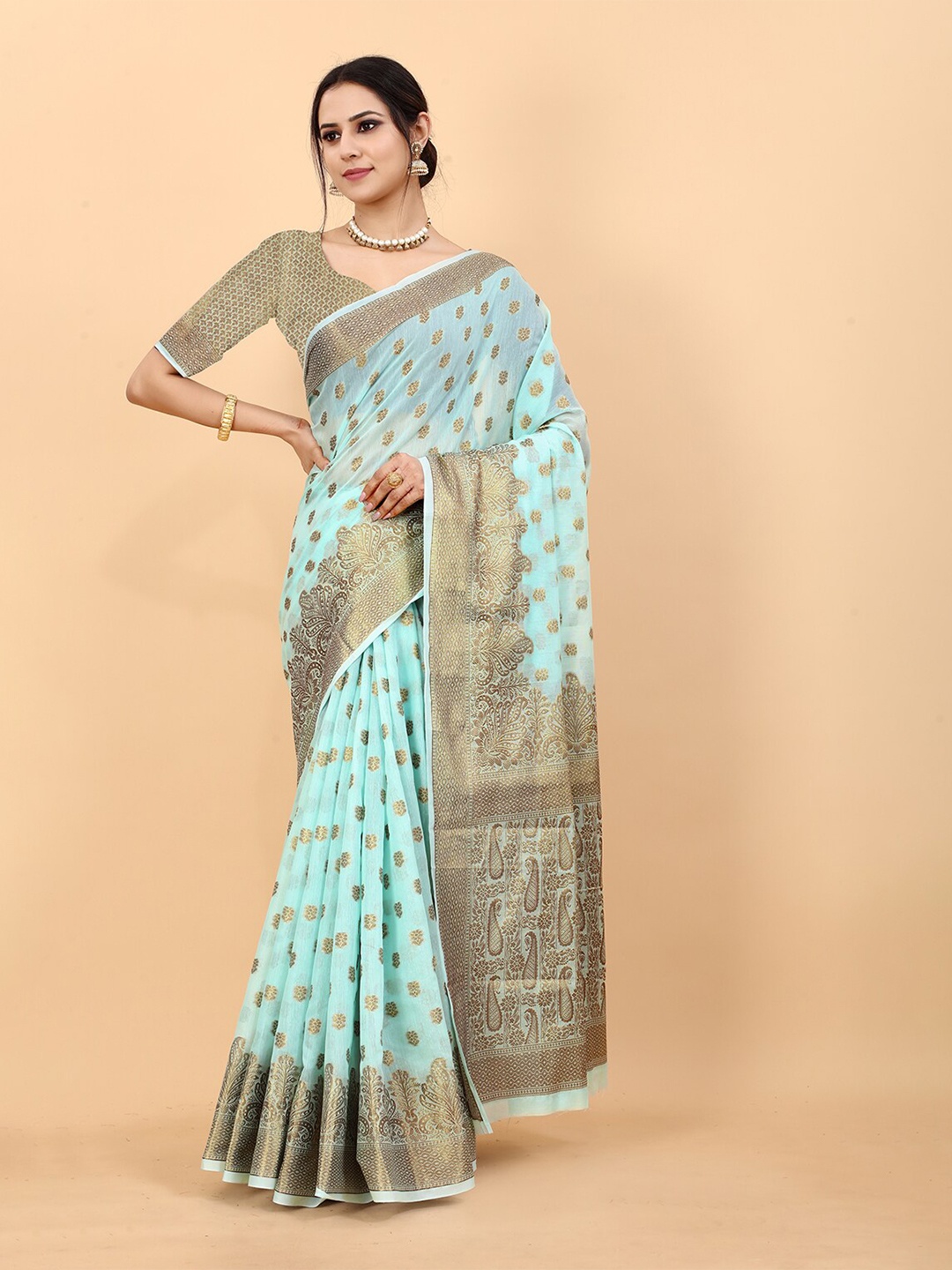 

Lookslady Turquoise Blue & Gold-Toned Ethnic Motifs Zari Silk Cotton Kanjeevaram Saree