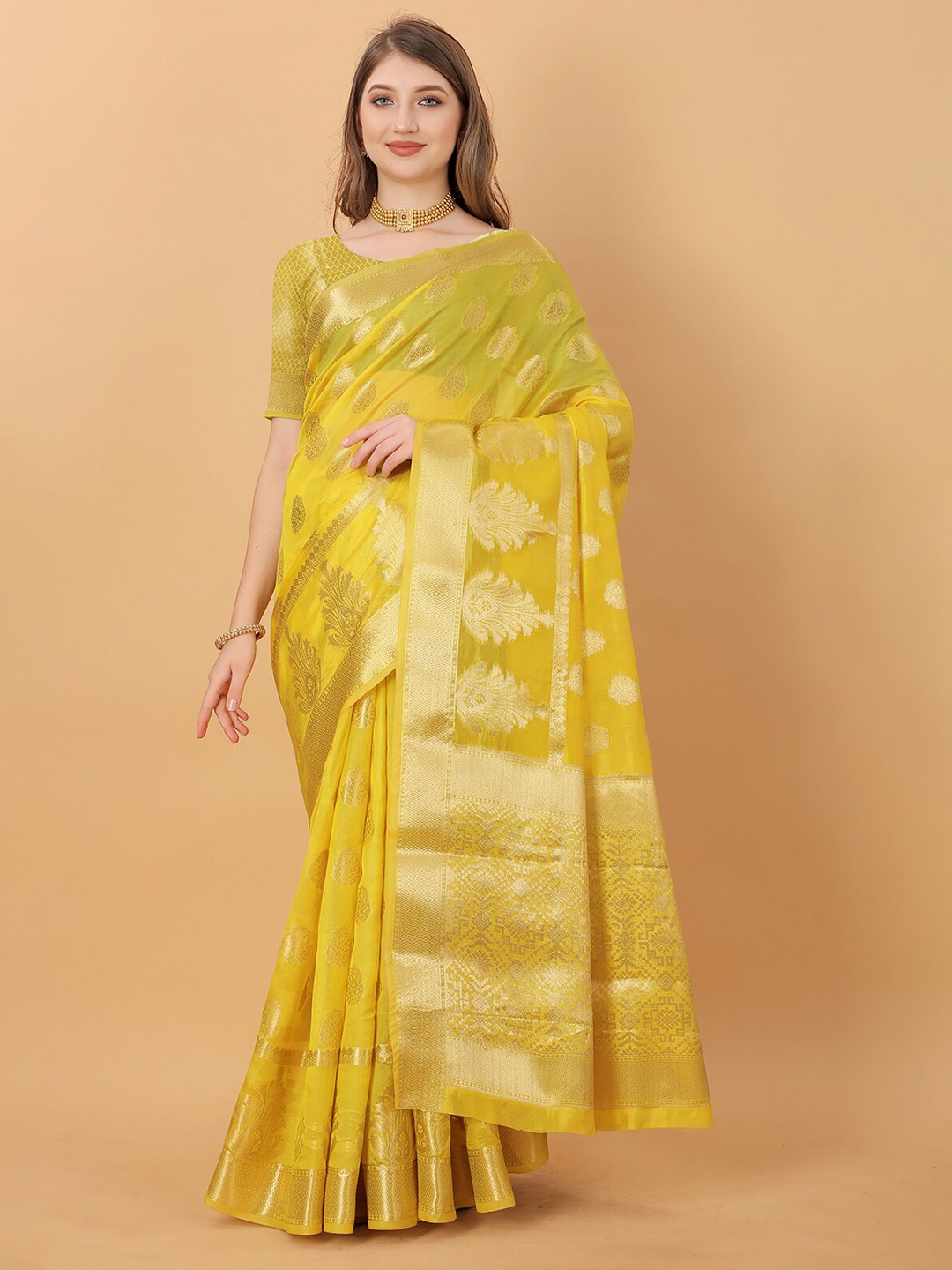 

Lookslady Yellow & Gold-Toned Ethnic Motifs Zari Organza Baluchari Saree