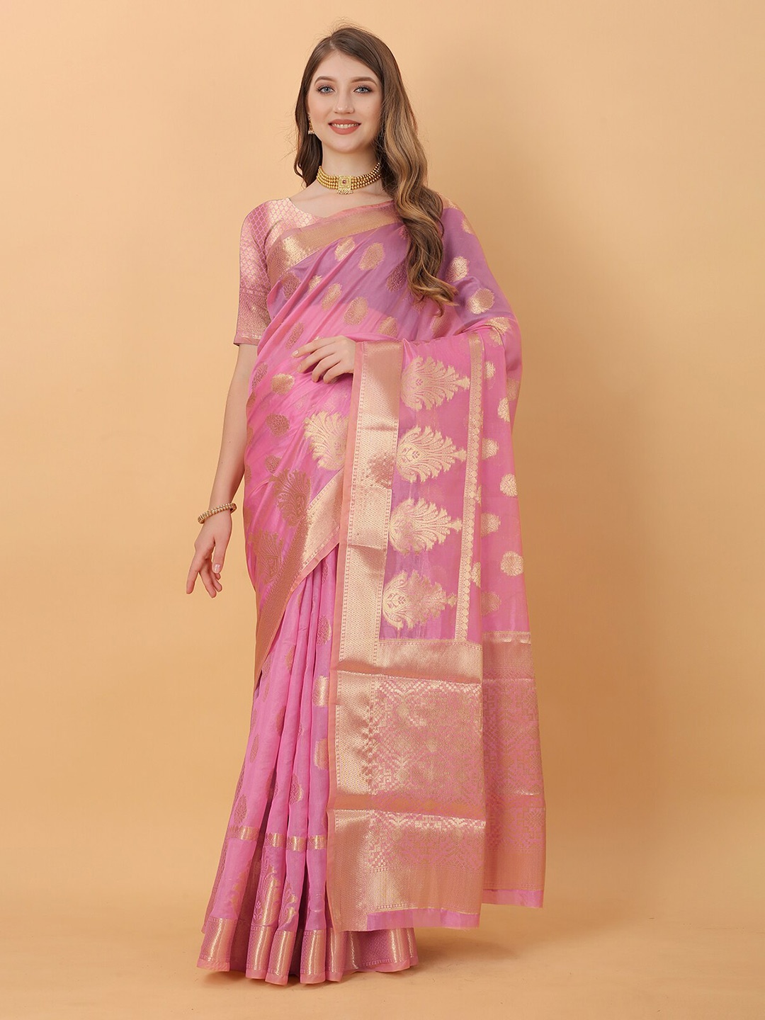 

Lookslady Pink & Gold-Toned Ethnic Motifs Zari Organza Baluchari Saree