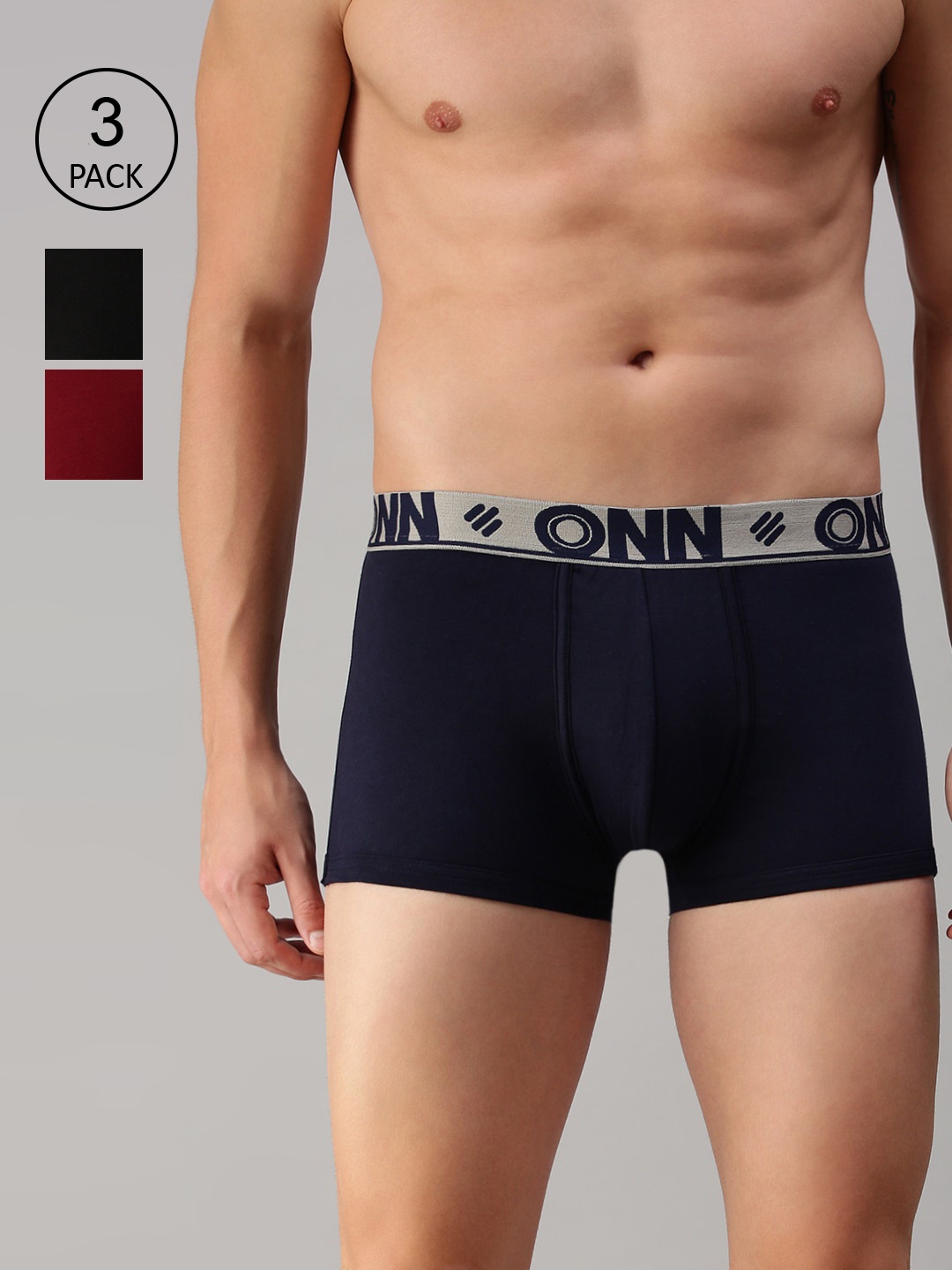

ONN Men Black, Maroon & Blue Pack Of 3 Solid Trunks