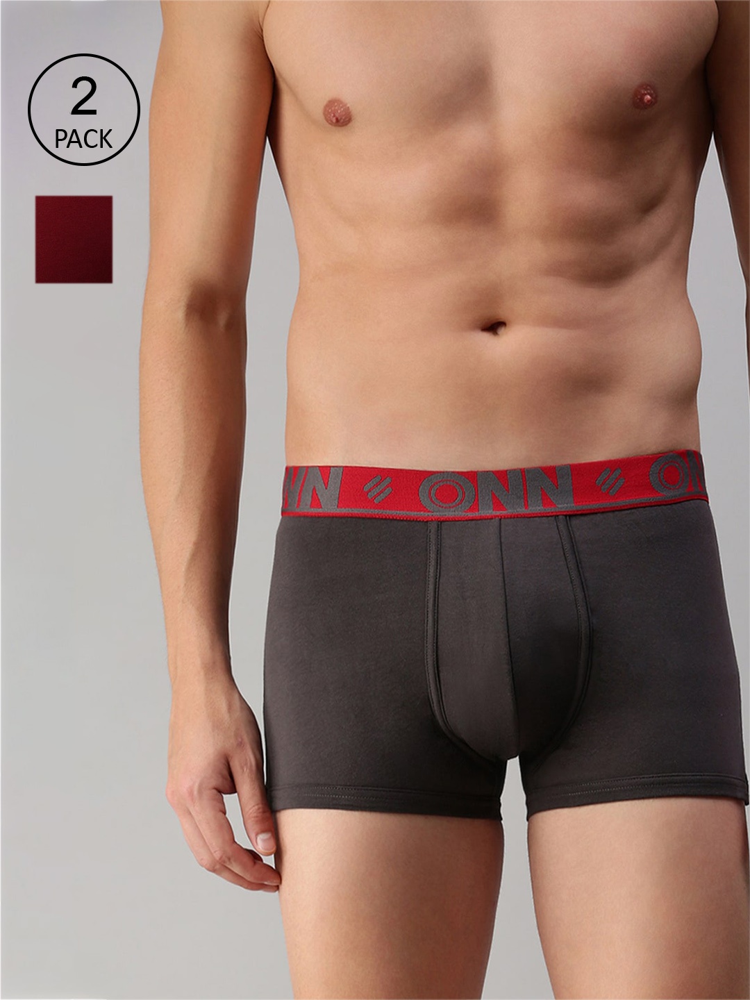 

ONN Men Grey & Burgundy Pack Of 2 Solid Trunks ONN_273_DGRY_WN_2PC