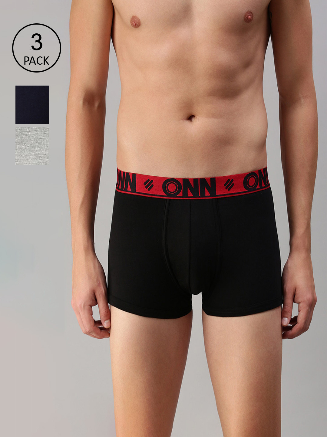 

ONN Men Pack Of 3 Black & Grey Solid Mid-Rise Trunk