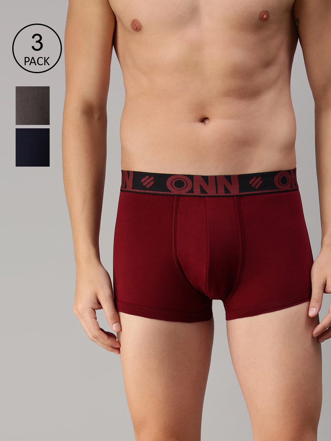 

ONN Men Pack Of 3 Navy Blue ,Grey and Red Solid Trunk