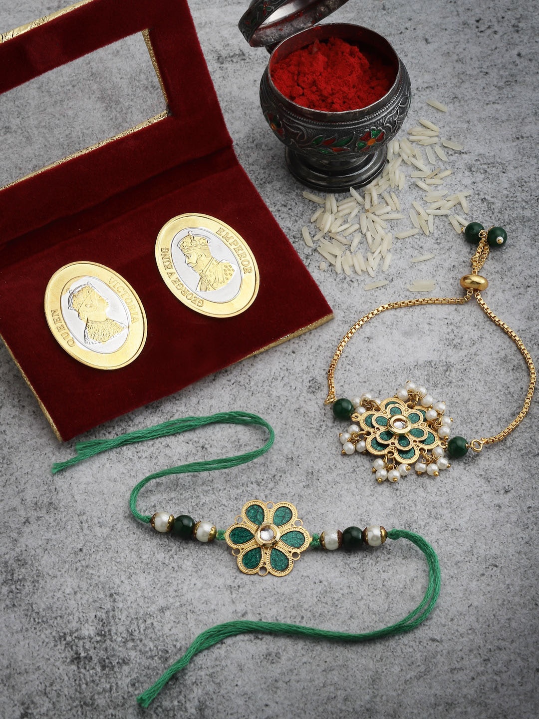 

PANASH Set of 2 Dual Tone 999 Pure Silver Coin Gold-Plated Brass Bhaiya Bhabhi Rakhi Set, Green
