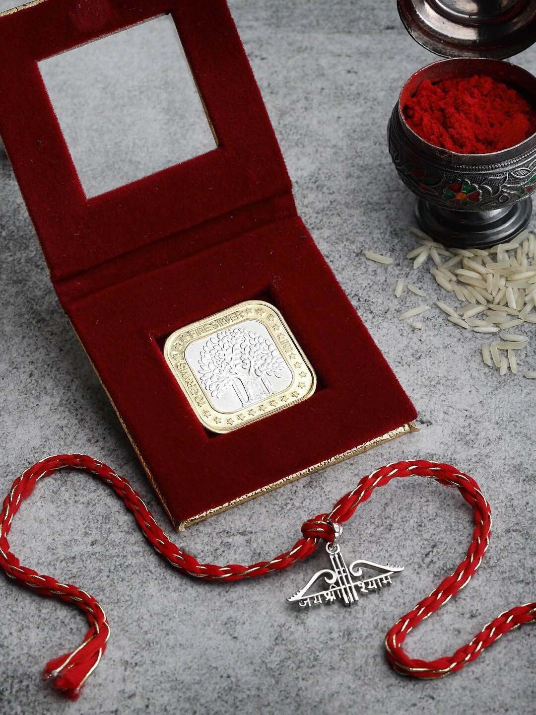 

PANASH 925 Sterling Silver Jai Shri Shyam Rakhi with 10 g 999 Pure Silver Coin