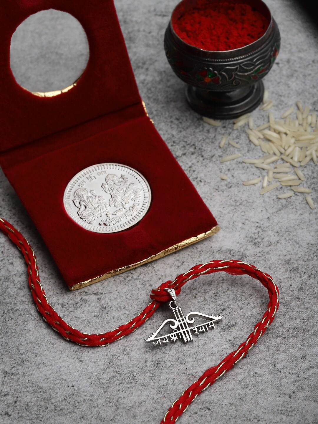 

PANASH Red & Silver-Toned Jai Shri Shyam Rakhi & 999 Pure Silver Coin -10 gm