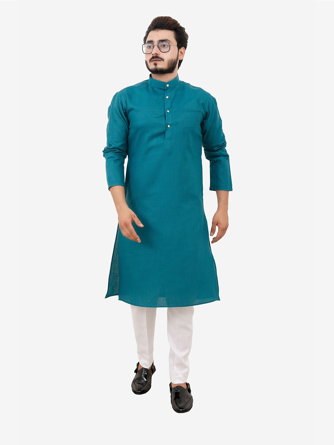 

Tibra Collection Men Teal Pure Cotton Kurta with Churidar