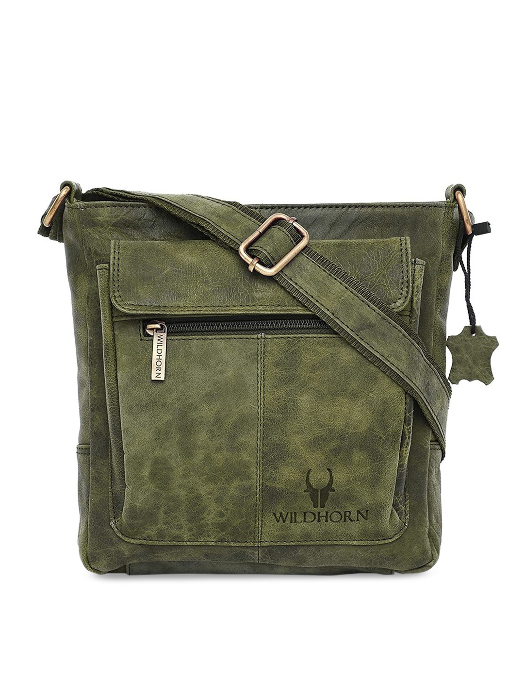 

WildHorn men's Green Textured Leather Swagger Sling Bag