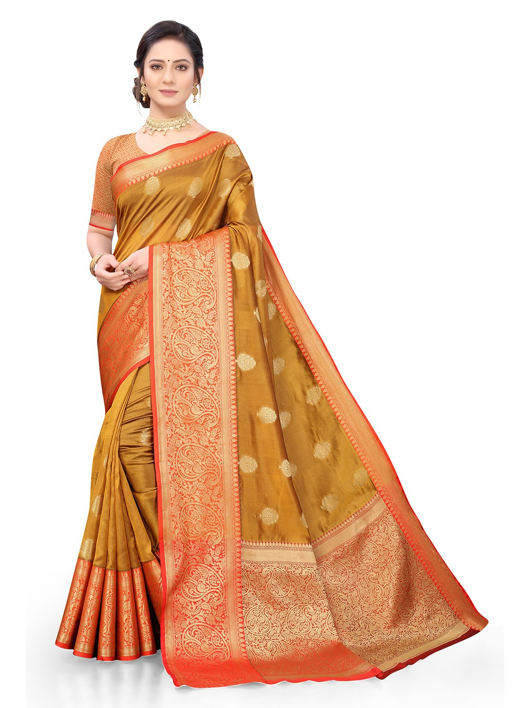 

Nimayaa Women Mustard & Red Woven Design Zari Organza Banarasi Saree