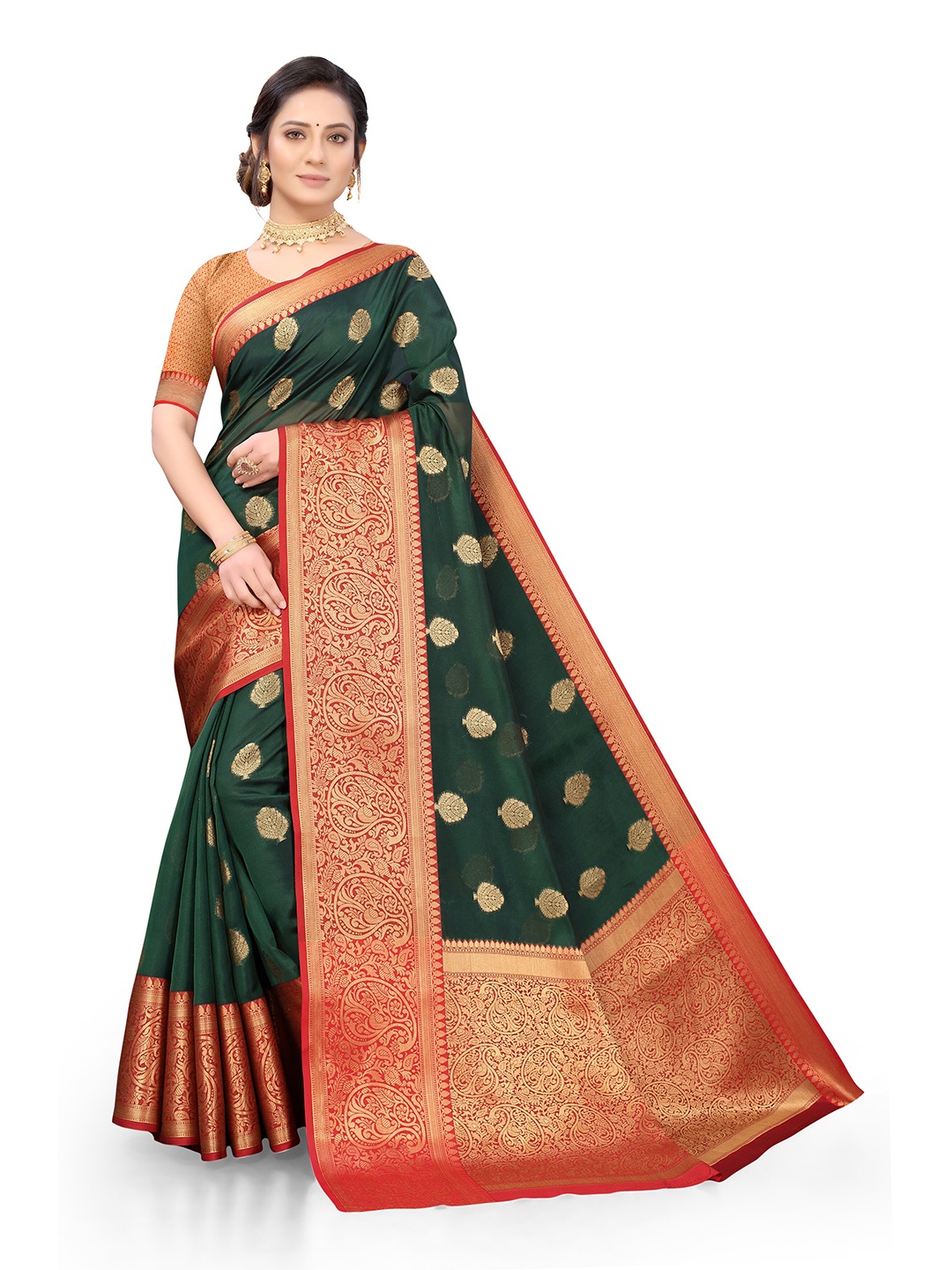 

Nimayaa Women Green & Red Woven Design Zari Organza Banarasi Saree