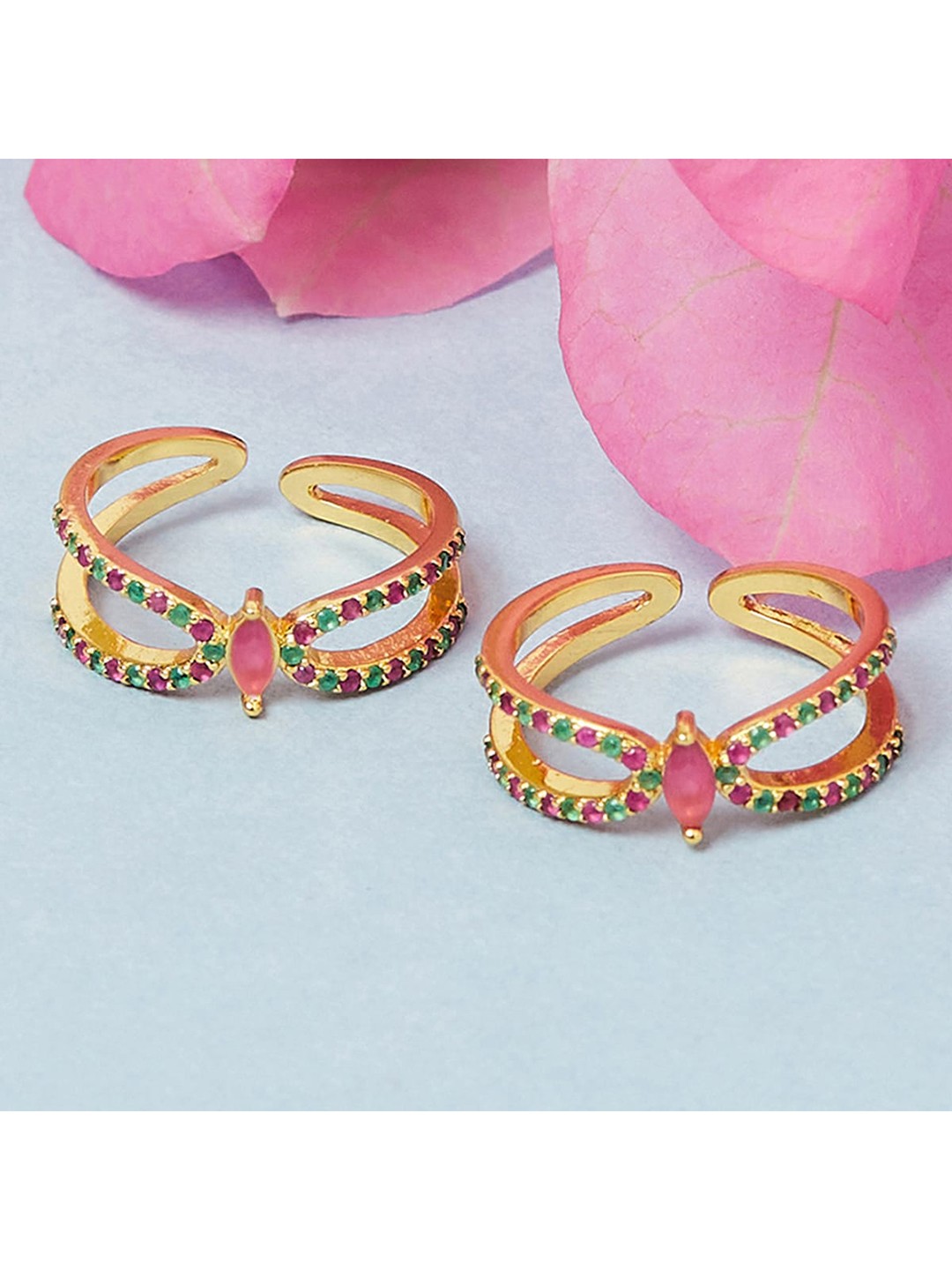 

Voylla Set Of 2 Gold-Plated Green & Pink CZ Studded Adjustable Toe Rings