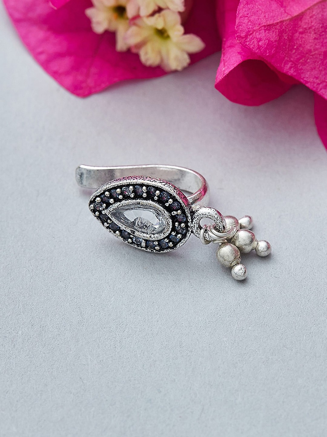 

Voylla Oxidized Silver-Plated White Stone Studded Nosepin