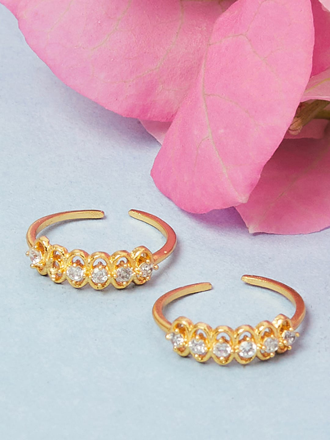 

Voylla Women Set Of 2 Gold-Plated White CZ Studded Adjustable Toe Rings