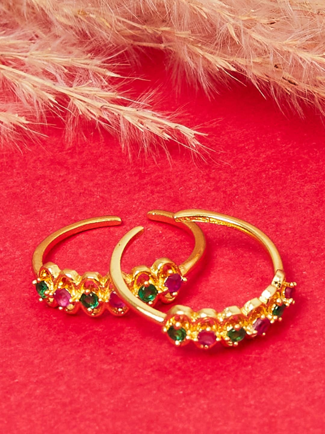 

Voylla Set Of 2 Gold-Plated Pink & Green CZ Studded Adjustable Toe Rings