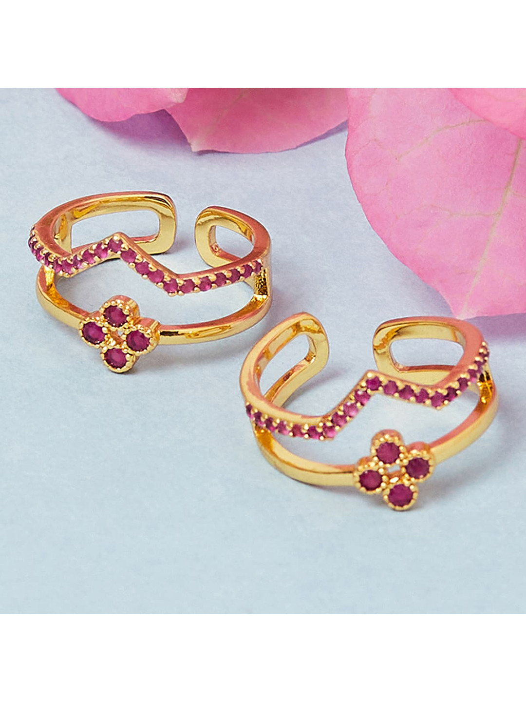 

Voylla Set Of 2 Gold-Plated Pink CZ Stone-Studded Toe Rings