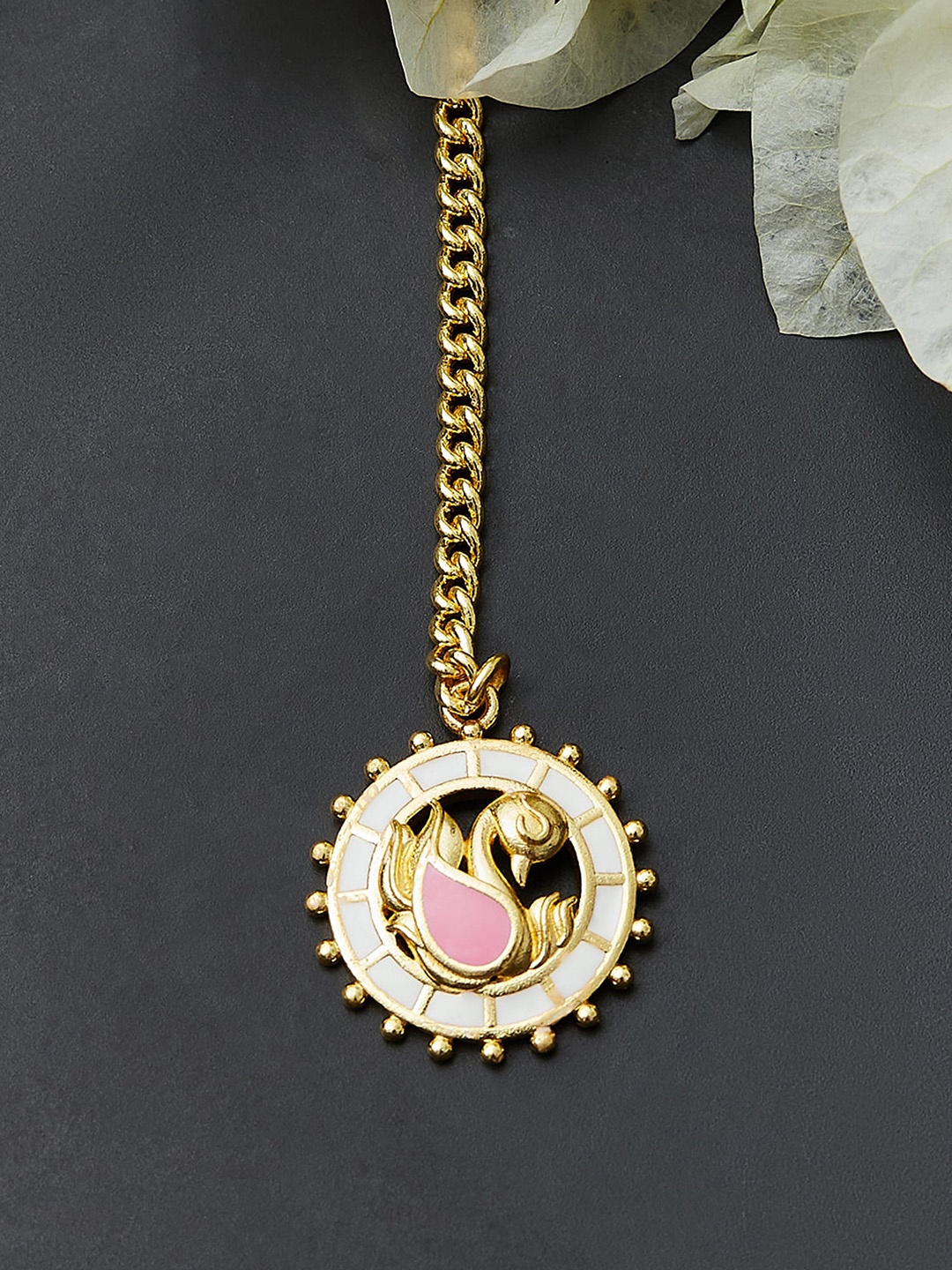 

Voylla Gold-Plated Pink & White Circular Shaped Maang Tikka