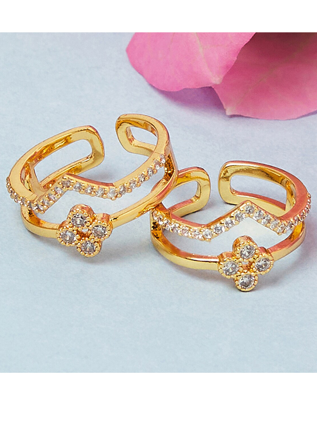 

Voylla Set of 2 Gold-Plated White CZ Studded Adjustable Toe Rings