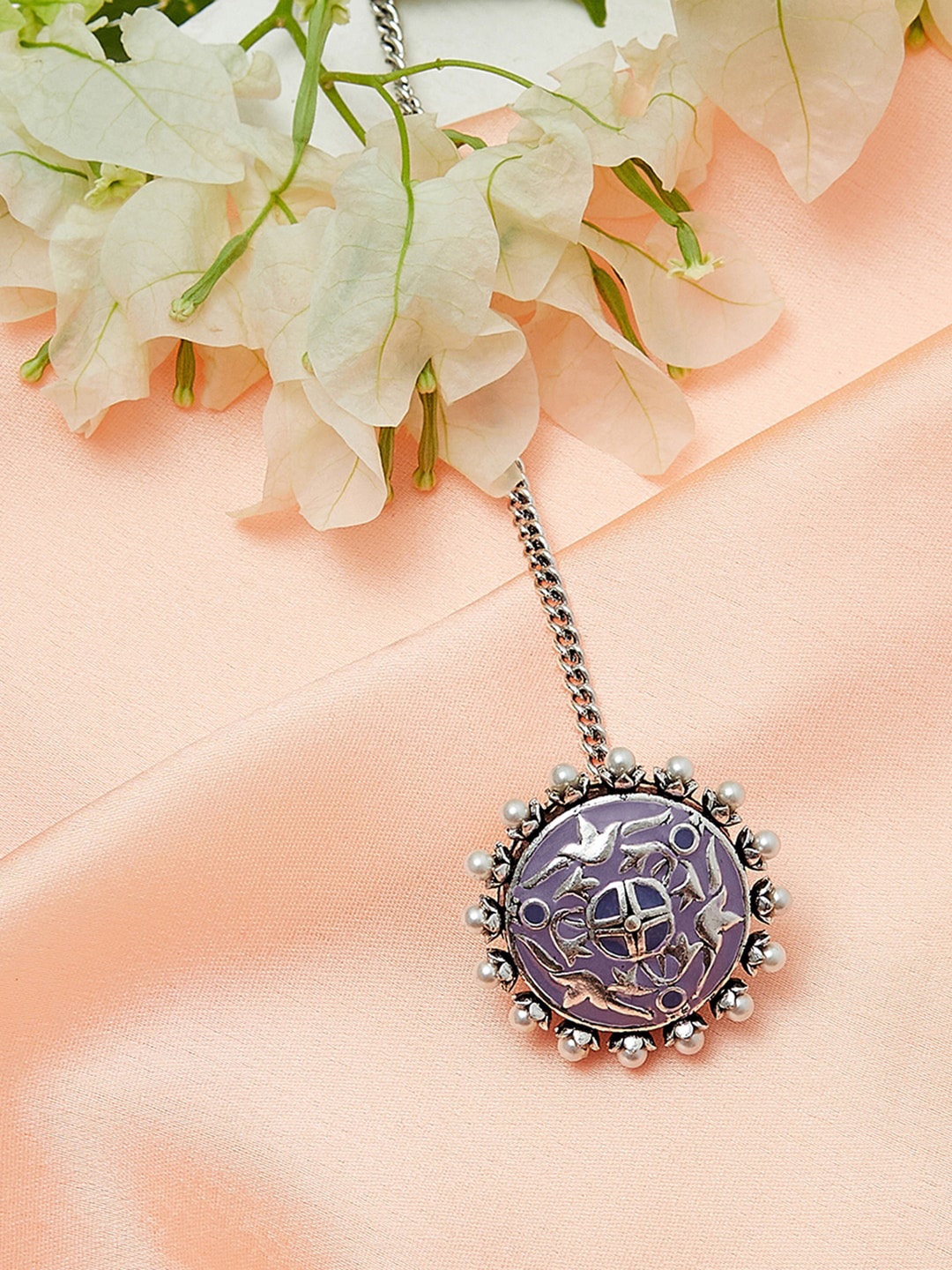 

Voylla Silver-Plated Brass White Beaded Maang Tikka