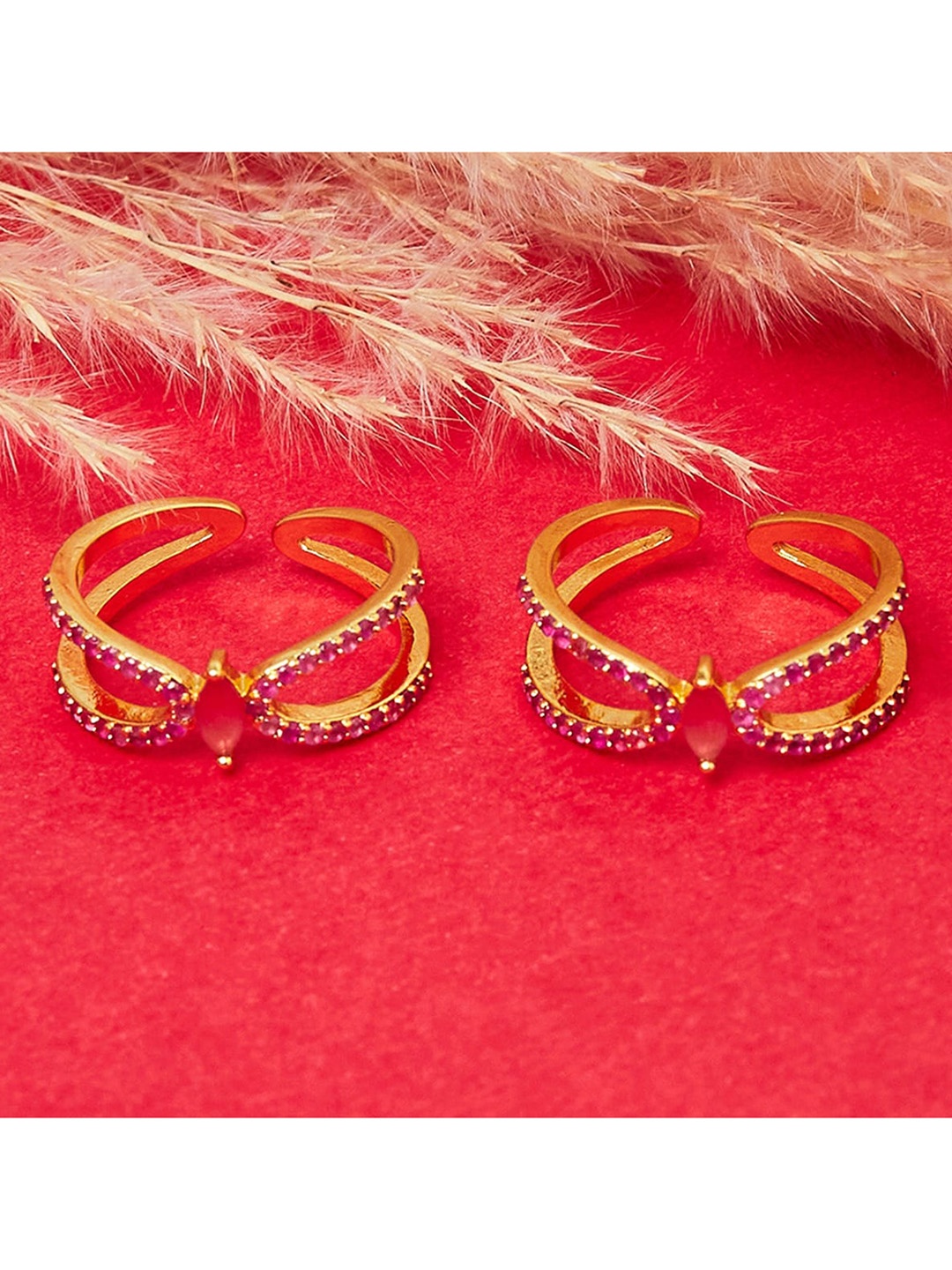 

Voylla Women Set Of 2 Gold-Plated Pink CZ Studded Adjustable Toe Rings