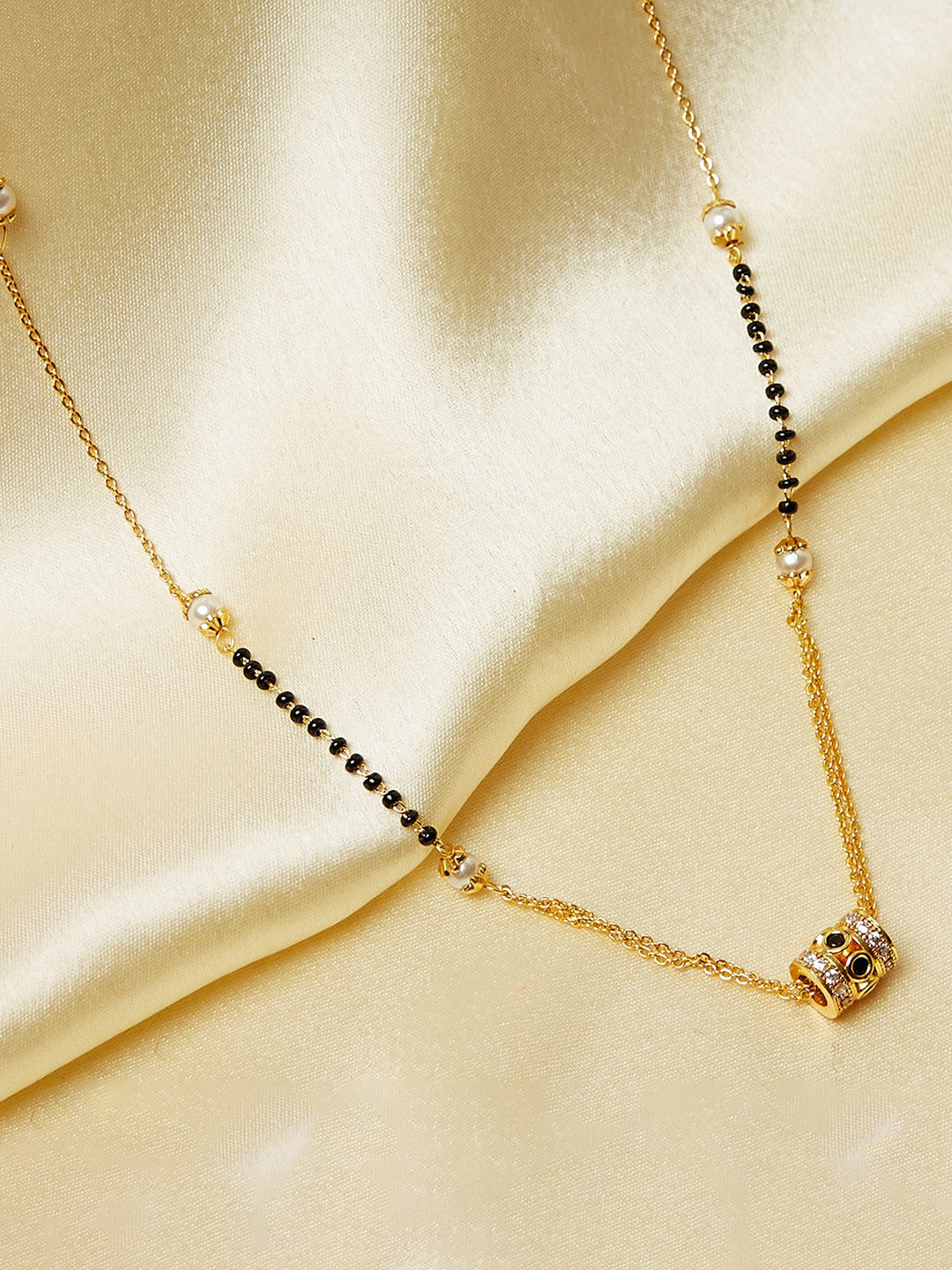 

Voylla Gold-Plated Black Beaded White Stone Studded Mangalsutra