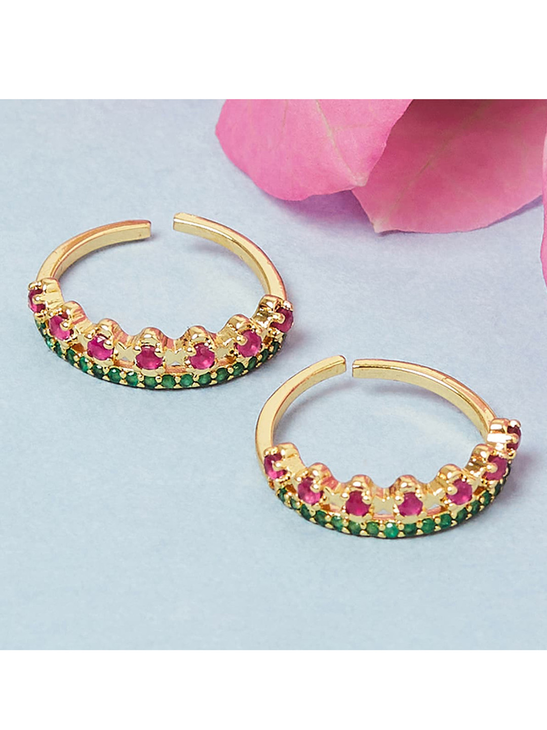 

Voylla Set Of 2 Gold-Plated Pink & Green CZ Studded Adjustable Toe Rings