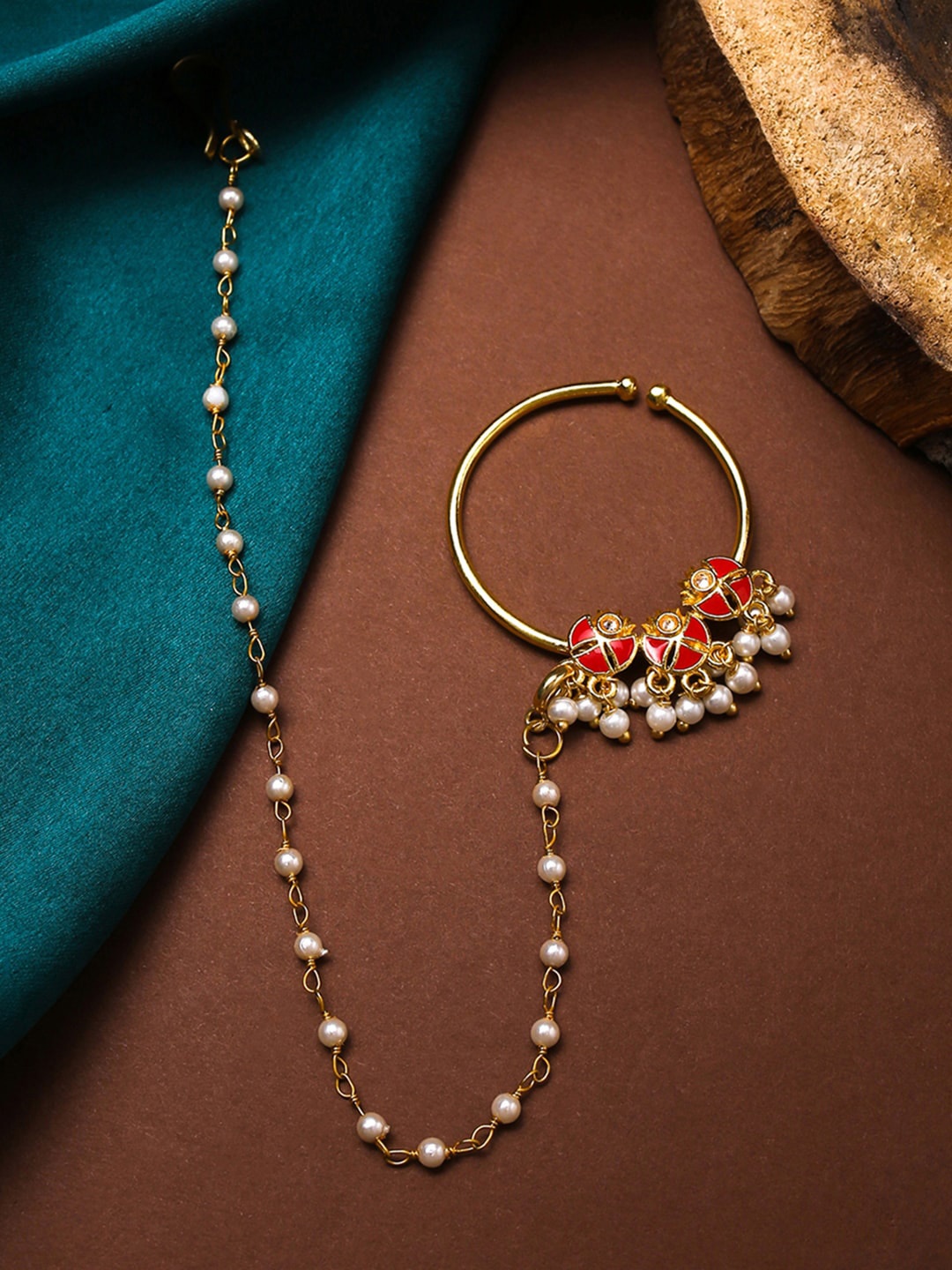 

Voylla Gold-Plated White Stone-Studded & Pearl Beaded Nosepin