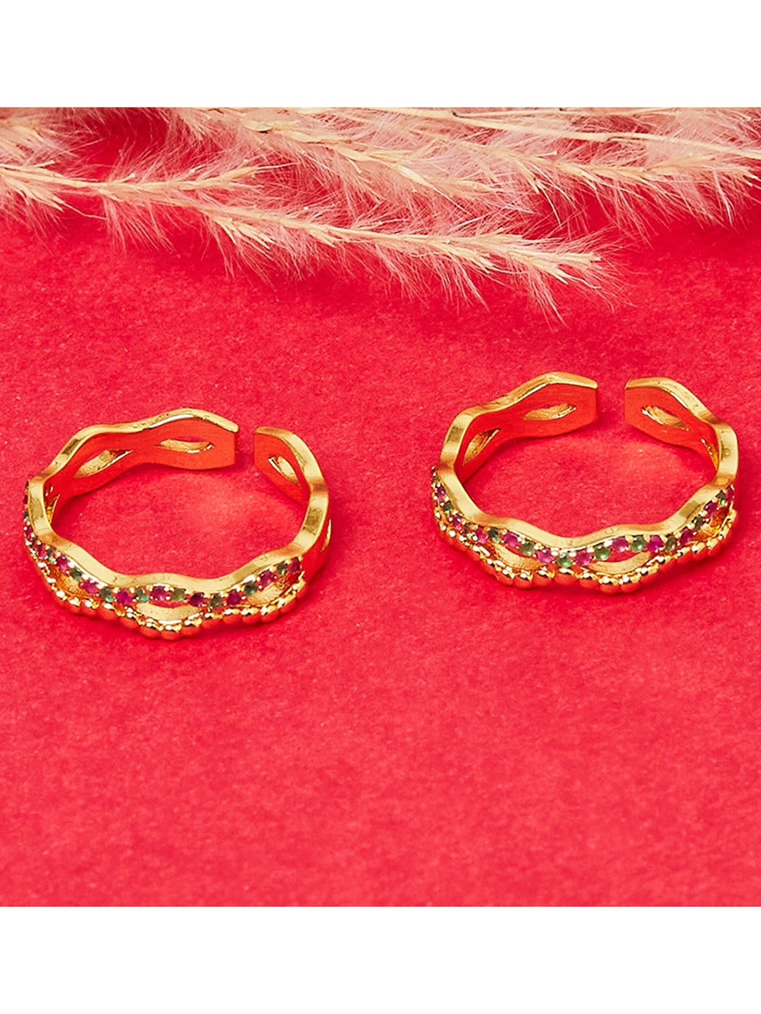 

Voylla Set Of 2 Gold-Plated Pink & Green CZ Studded Adjustable Toe Rings