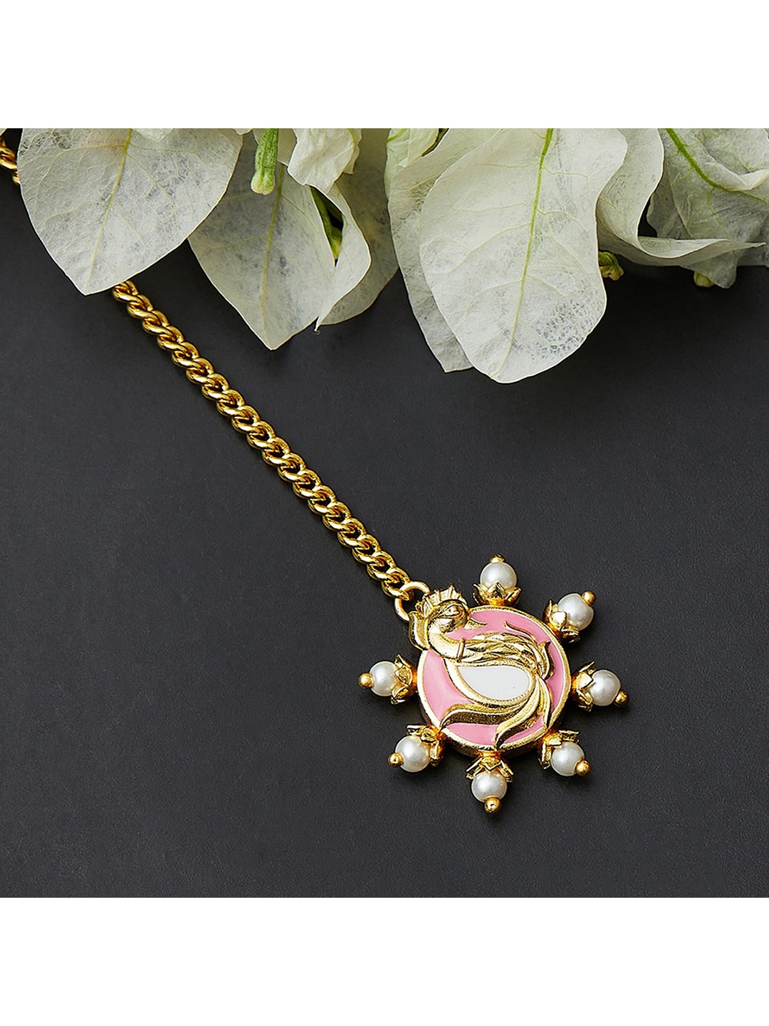 

Voylla Women Gold-Plated Pink & White Stone-Studded Maang Tikka
