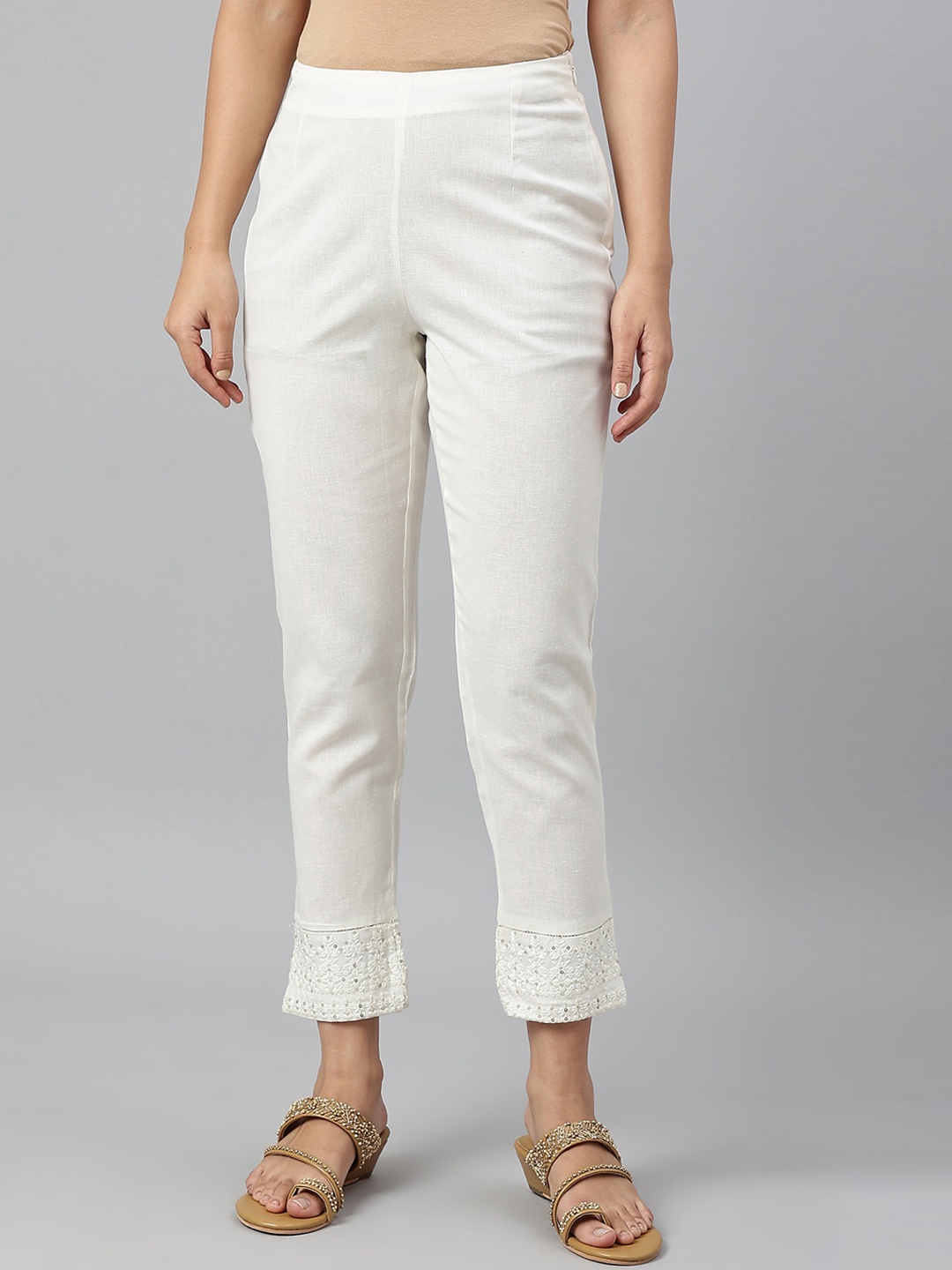 

Ecru Cotton Blend Slim Pants, White