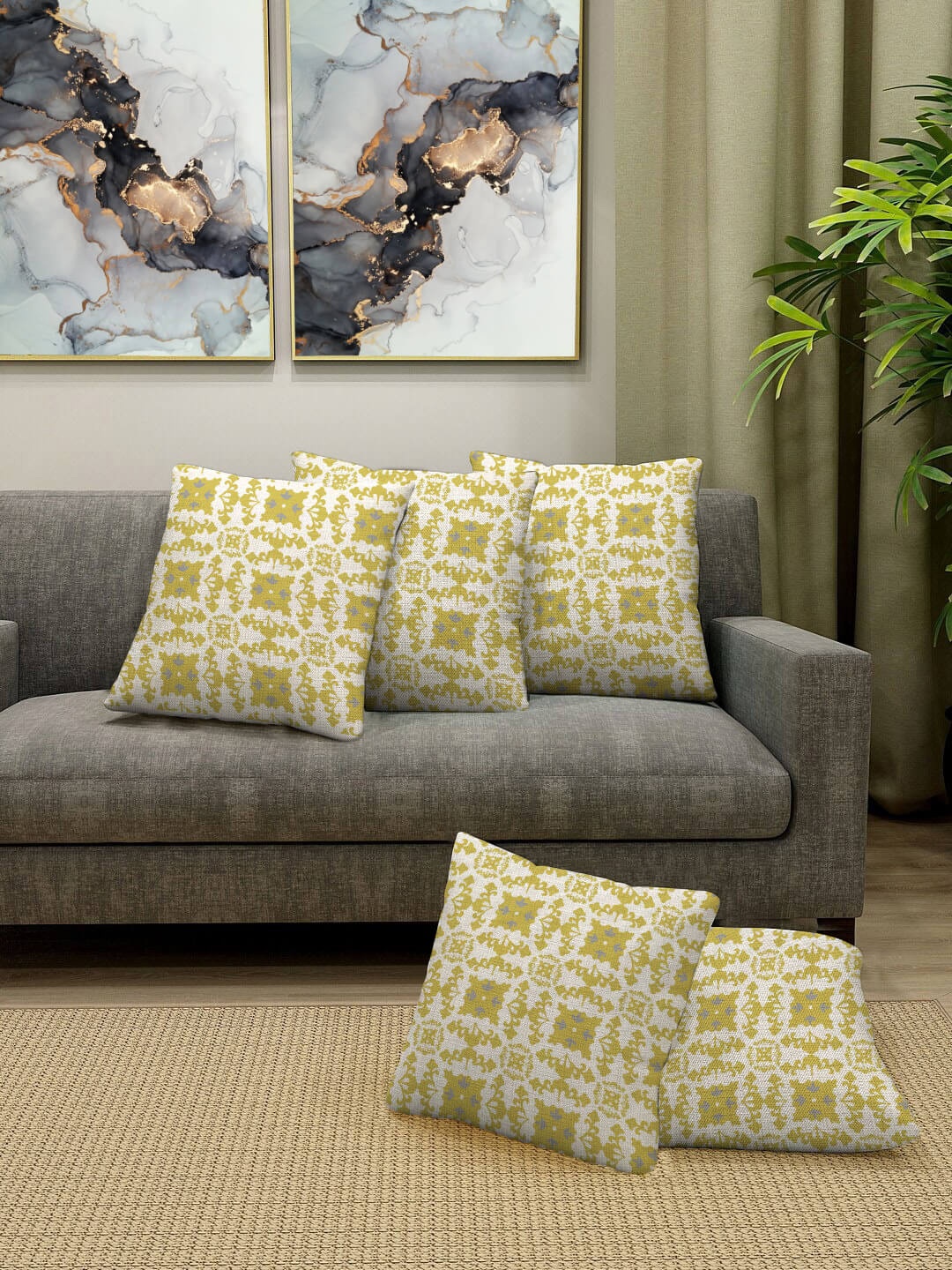 

HOUZZCODE Yellow & White Set of 5 Abstract Square Cushion Covers