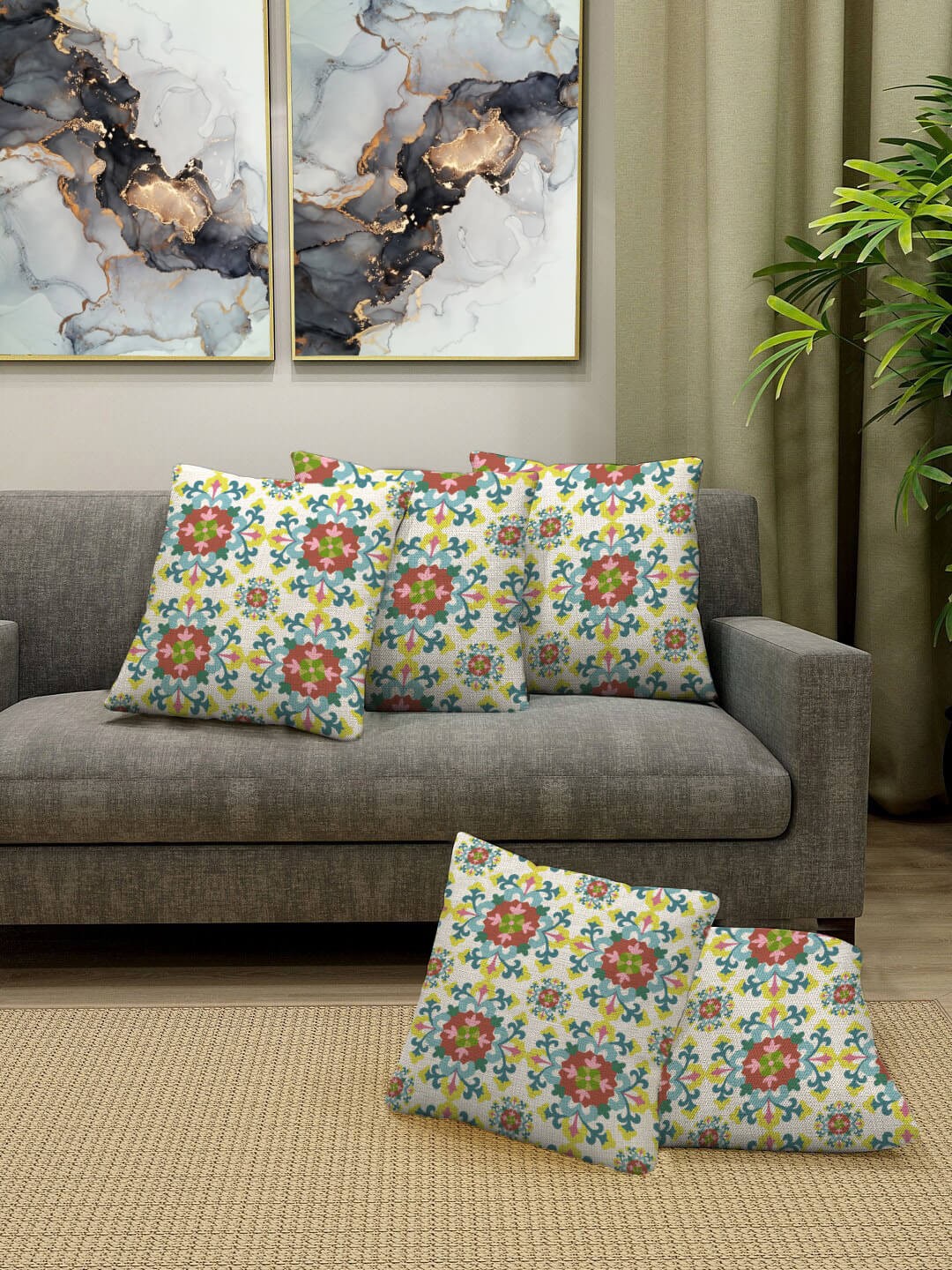 

HOUZZCODE White & Red Set of 5 Abstract Square Cushion Covers