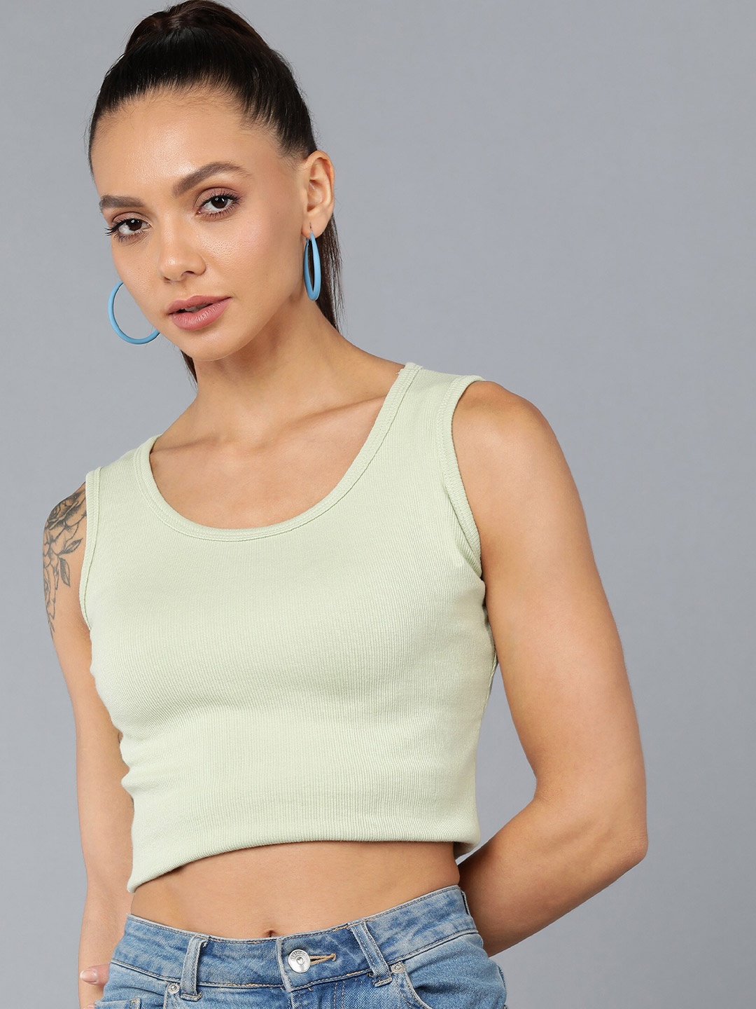 Rock Paper Scissors Women Green Ribbed Crop Tank Top