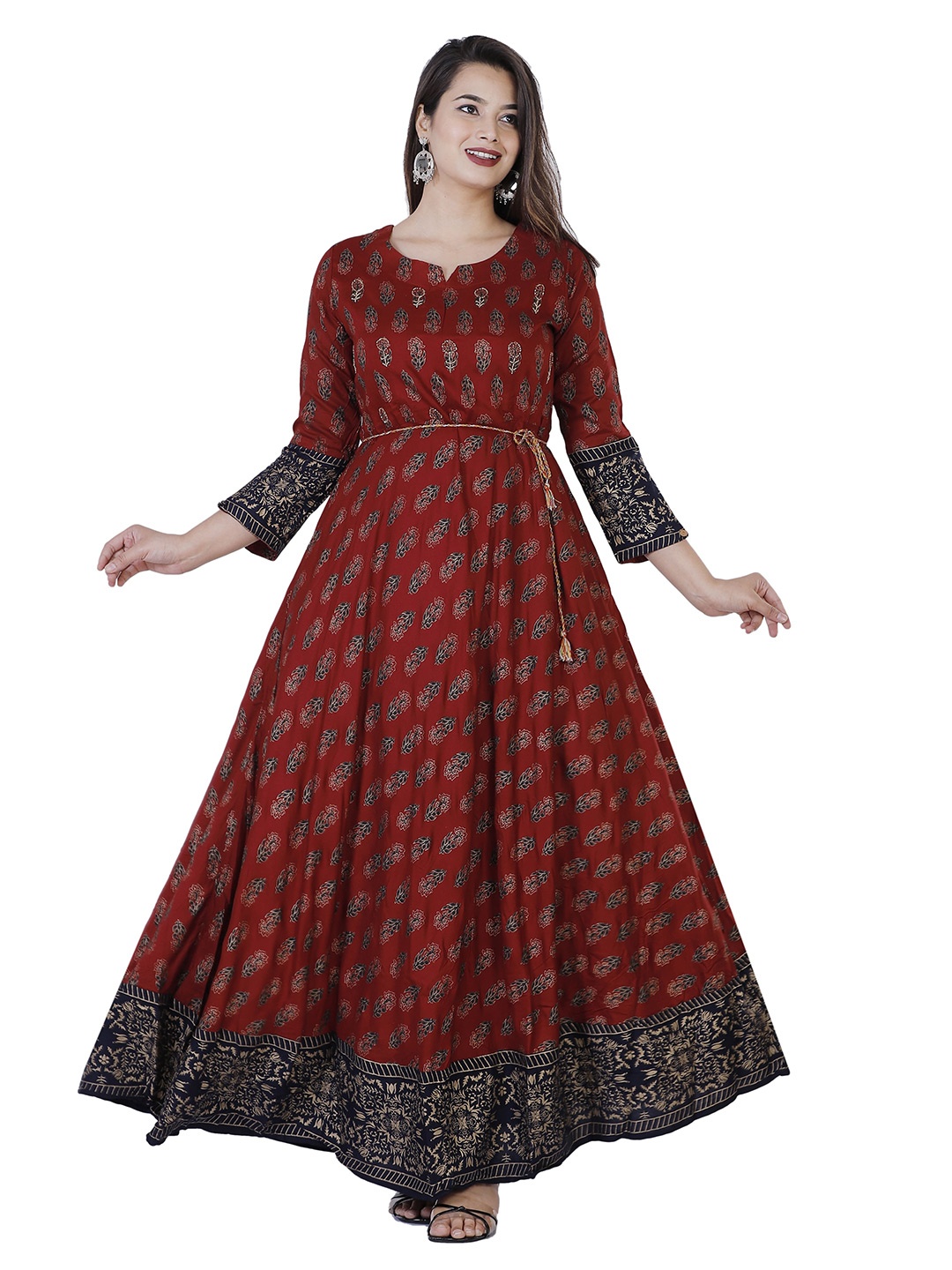 

JAIPURI COLLECTION Women Maroon & Navy Blue Ethnic Motifs Printed Anarkali Kurta