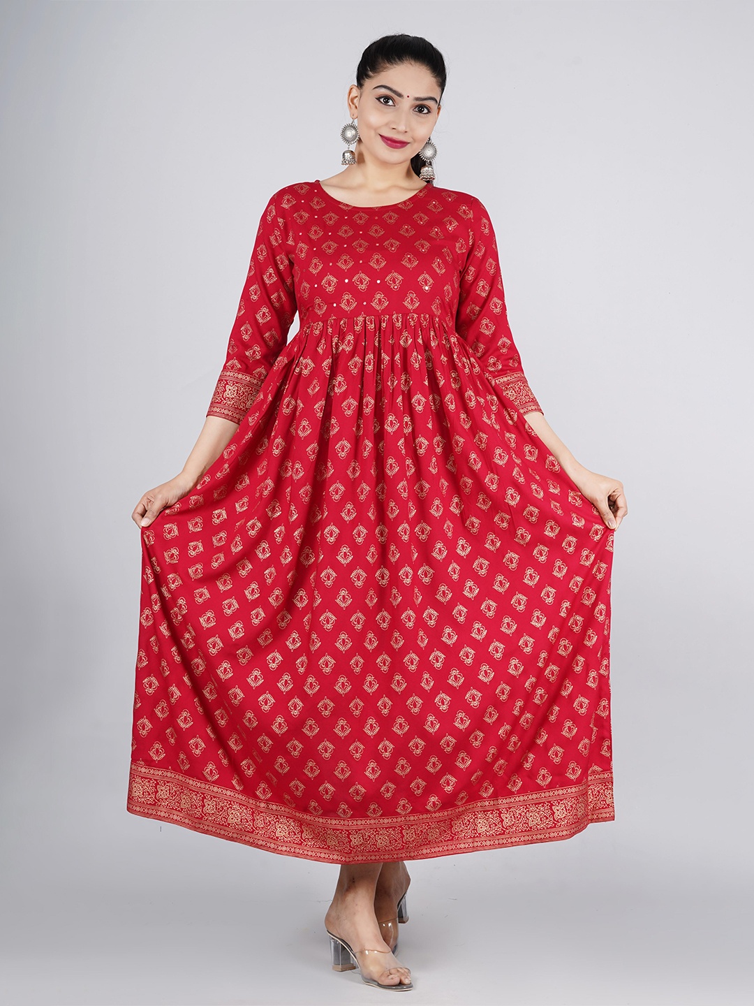 

JAIPURI COLLECTION Women Maroon & Gold-Toned Ethnic Motifs Printed Anarkali Kurta