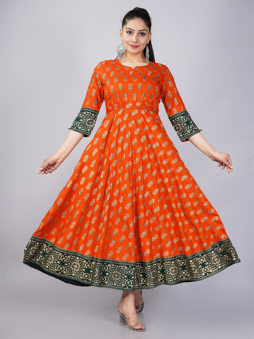 

JAIPURI COLLECTION Women Orange & Golden Ethnic Motifs Printed Anarkali Kurta